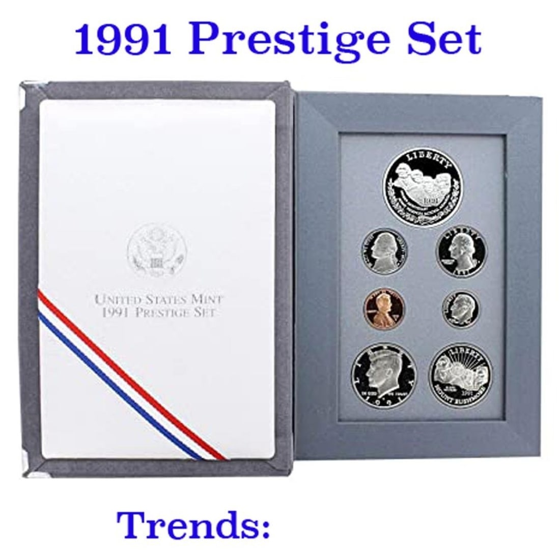 1991 United States Mint Prestige Proof Set 6 Coins W/ Box & COA: 1991 United States Mint Prestige Proof Set 6 Coins W/ Box & COA. Product DetailsThis wonderful seven-piece set includes all of the proof issue coins of 1991 as well as a commemorative Mount Rushmore c