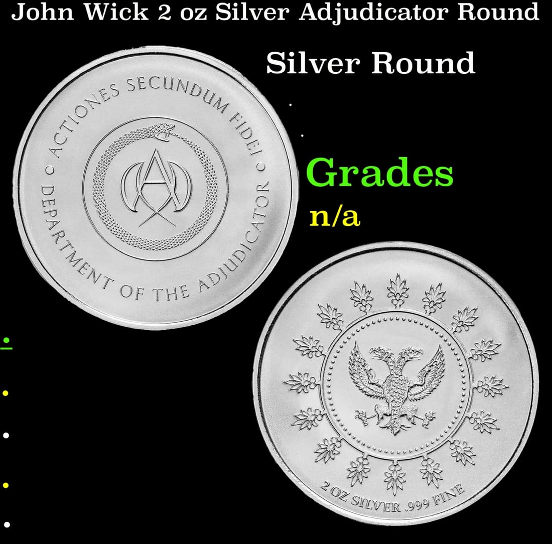 John Wick 2 oz Silver Adjudicator Round: John Wick 2 oz Silver Adjudicator Round. Lionsgate produced this exclusive, limited mintage coin featuring the Adjudicator’s Medallion from the John Wick franchise. This 2 oz .999 fine Silver round