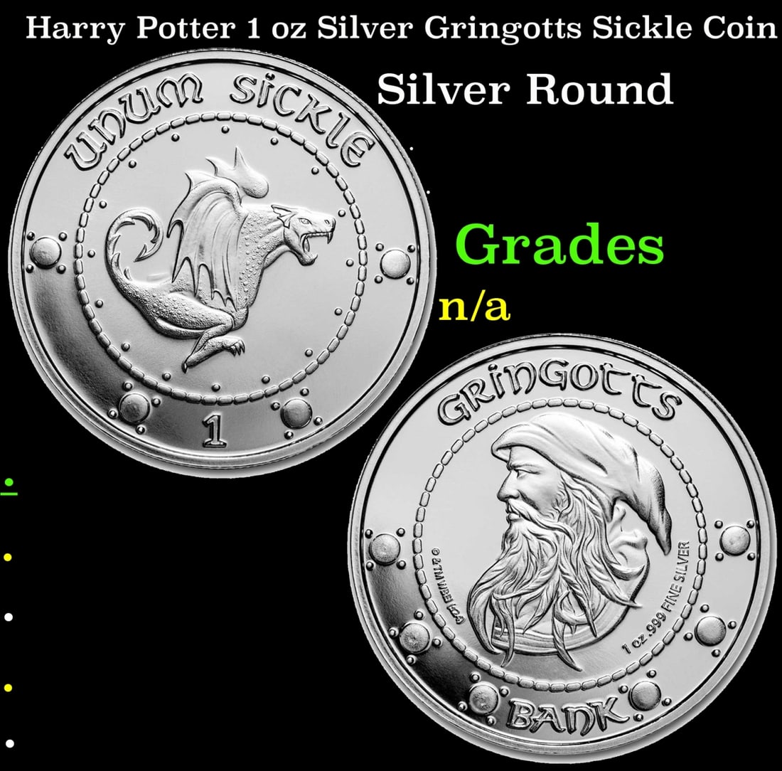 Harry Potter 1 oz Silver Gringotts Sickle Coin: Harry Potter 1 oz Silver Gringotts Sickle Coin. This silver round is based on the currency featured in the Harry Potter movies. The currency was used by the Wizarding World in Great Britain. There are