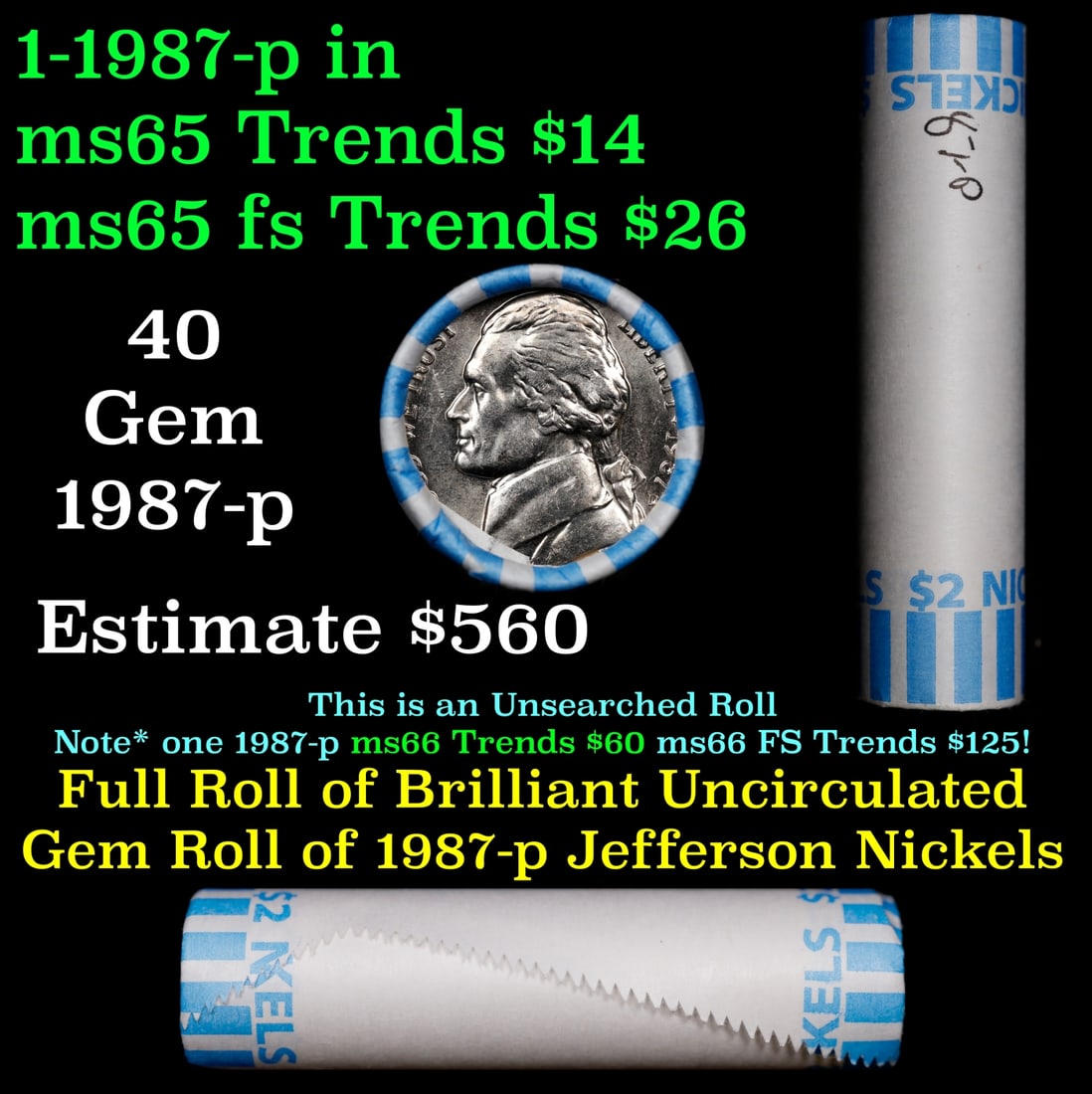 BU Shotgun Jefferson 5c roll, 1987-p 40 pcs Bank $2 Nickel Wrapper: BU Shotgun Jefferson 5c roll, 1987-p 40 pcs Bank $2 Nickel Wrapper.