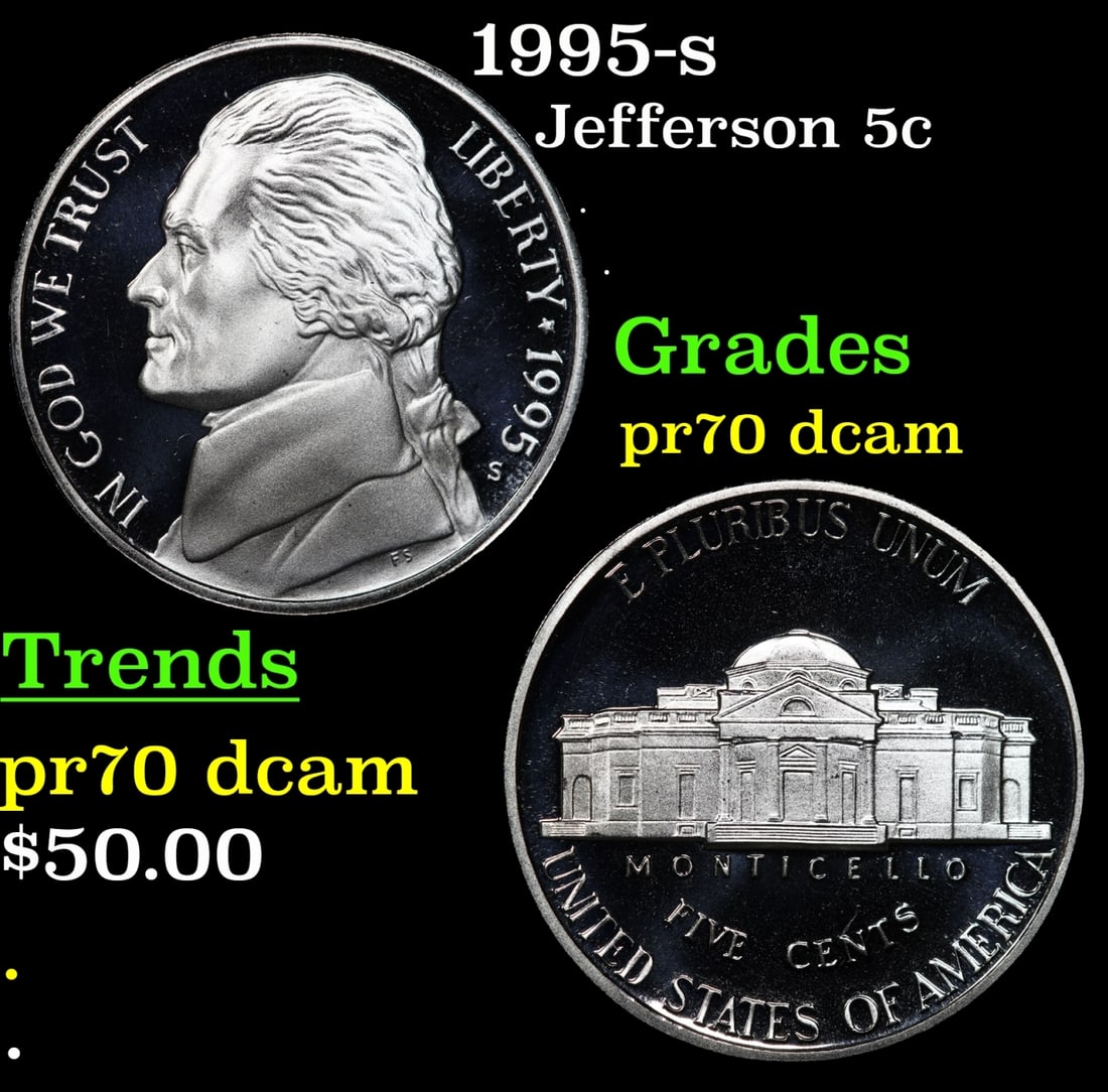 1995-s Proof Jefferson Nickel 5c pr70 dcam SEGS: 1995-s Jefferson Nickel 5c pr70 dcam SEGS.