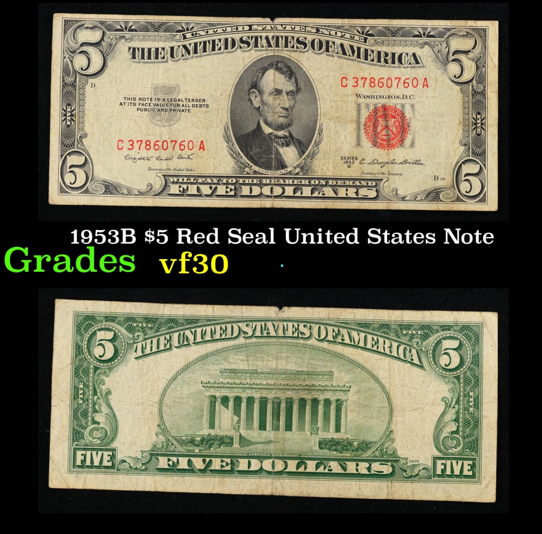 1953B $5 Red Seal United States Note Grades vf++ (1 of 3)