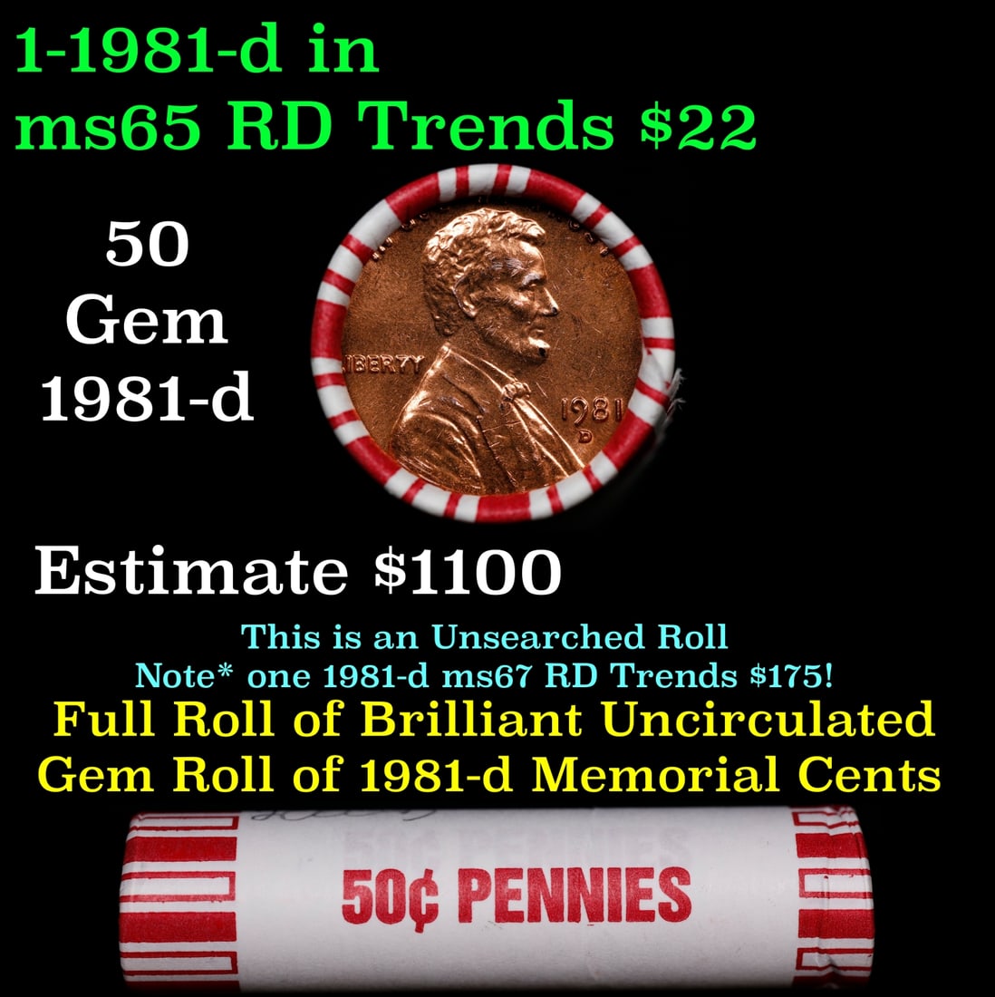 BU Shotgun Lincoln 1c roll, 1981-d 50 pcs Bank Wrapper 50c: BU Shotgun Lincoln 1c roll, 1981-d 50 pcs Bank Wrapper 50c. A terrific Shotgun roll of Lincoln cents in a Bank wrapper. Most if not all coins should be cherry red.