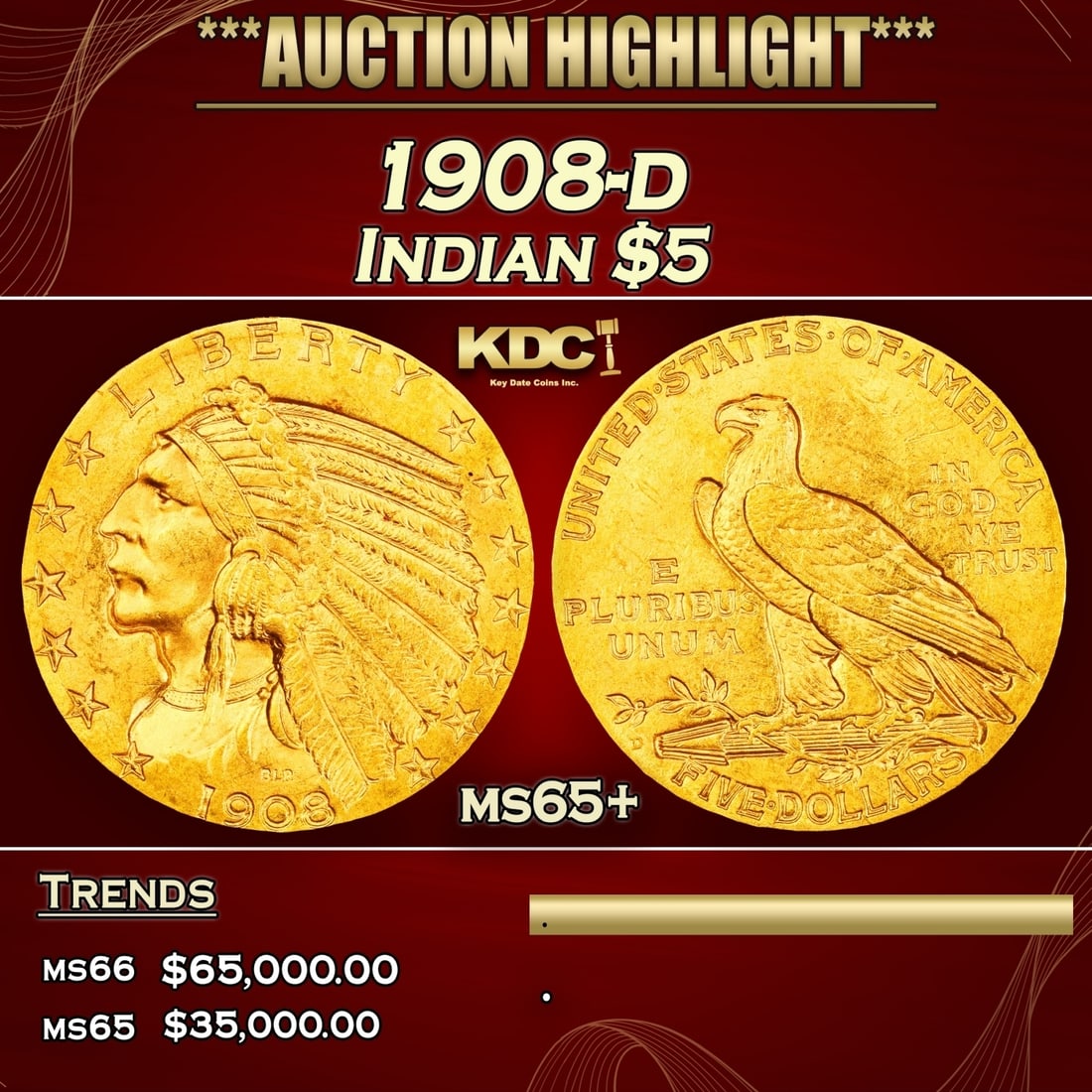 1908-d Gold Indian Half Eagle $5 GEM+ Unc USCG (1 of 3)