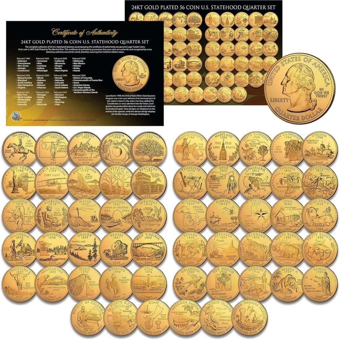 Complete 1999-2009 24K GOLD Clad State Quarters 56-Coin Set CherryWood Style Box (1 of 4)