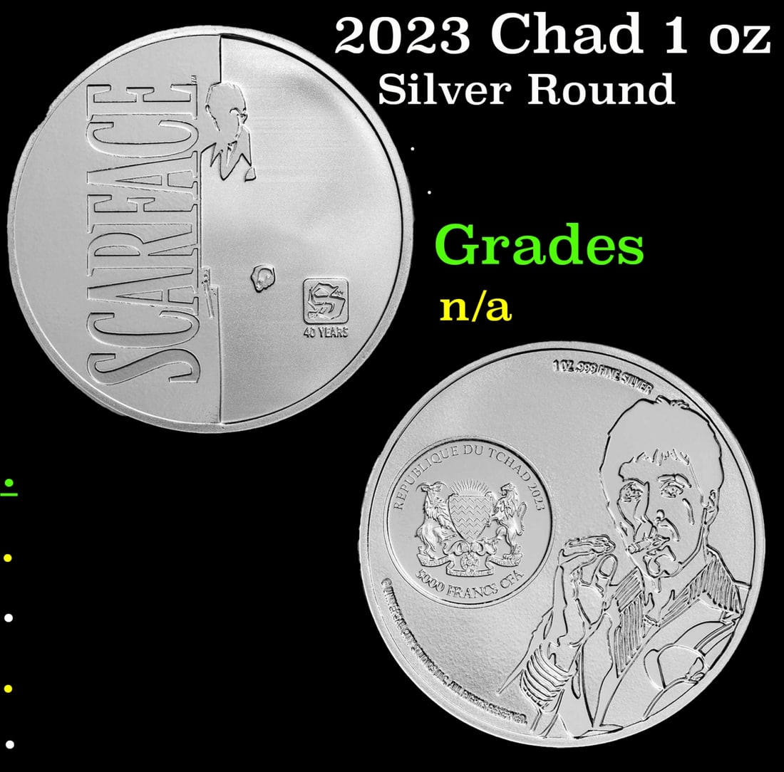 2023 Chad 1 oz Silver 5000 Francs Scarface 40th Anniversary Coin: 2023 Chad 1 oz Silver 5000 Francs Scarface 40th Anniversary Coin. This 1 oz Silver coin commemorates 40 years of the classic move, Scarface. Contains 1 oz of .999 fine silver.