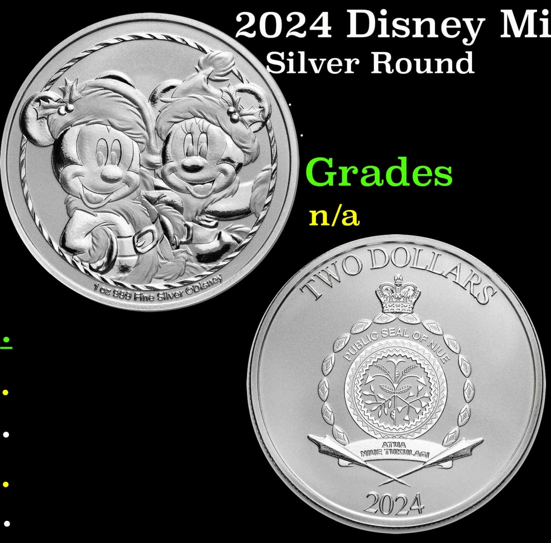 2024 Disney Mickey & Minnie Christmas 1 oz .999 Silver $2 Niue Bullion: 2024 Disney Mickey & Minnie Christmas 1 oz .999 Silver $2 Niue Bullion. Celebrate the Christmas season with a unique silver coin to mark the occasion. Join us in our annual holiday tradition of releas