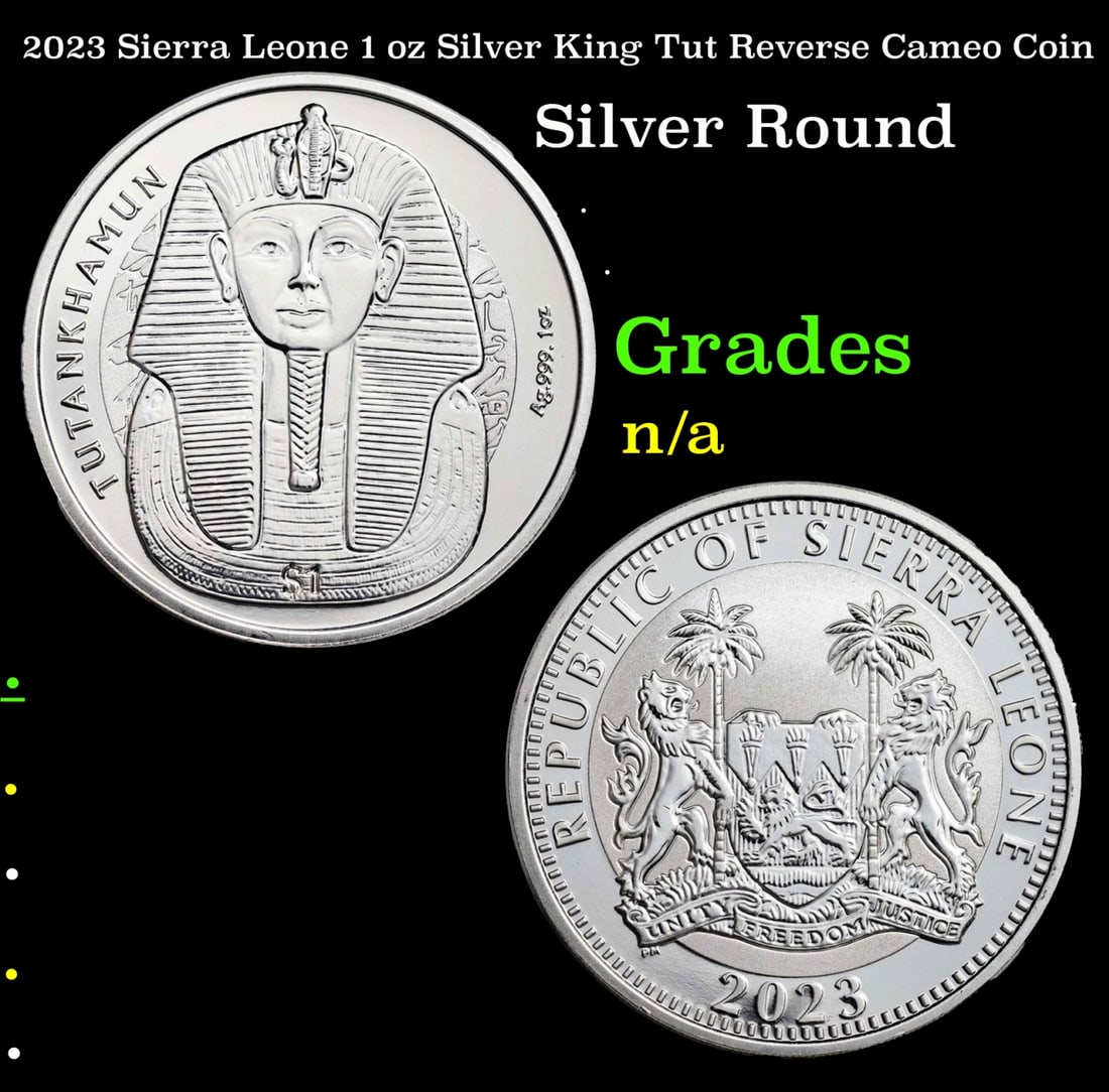 2023 Sierra Leone 1 oz Silver King Tut Reverse Cameo Coin: 2023 Sierra Leone 1 oz Silver King Tut Reverse Cameo Coin. Celebrating King Tut, Egypt's youngest and most mysterious pharoah, this coin features his death mask with Egyptian hieroglyphs, commemoratin