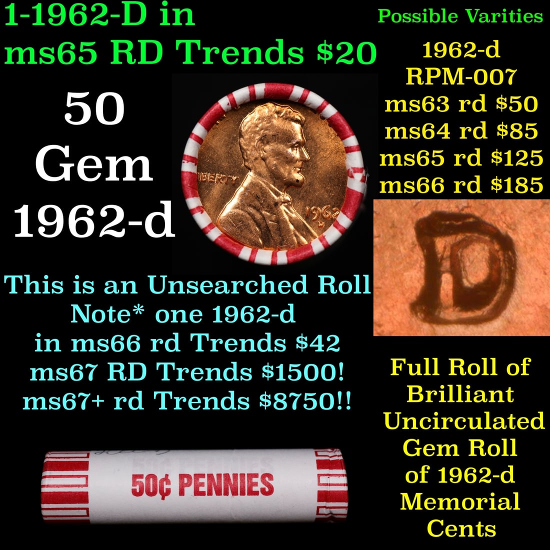 BU Shotgun Lincoln 1c roll, 1962-d 50 pcs Bank Wrapper 50c: BU Shotgun Lincoln 1c roll, 1962-d 50 pcs Bank Wrapper 50c. A terrific Shotgun roll of Lincoln cents in a Bank wrapper. Most if not all coins should be cherry red.