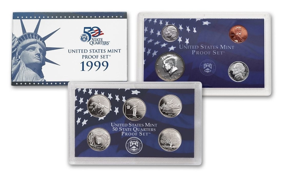 1999 United States Mint Proof Set 9 coins: 1999 United States Mint Proof Set 9 coins . The Set contains 5 Proof State Quarters, a Proof Half Dollar, a Proof Dime, as well as 2 additional Proof coins. Complete with Original Packaging and COA.