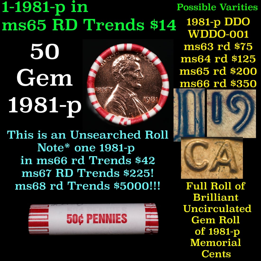 BU Shotgun Lincoln 1c roll, 1981-p 50 pcs Bank Wrapper 50c: BU Shotgun Lincoln 1c roll, 1981-p 50 pcs Bank Wrapper 50c. A terrific Shotgun roll of Lincoln cents in a Bank wrapper. Most if not all coins should be cherry red.