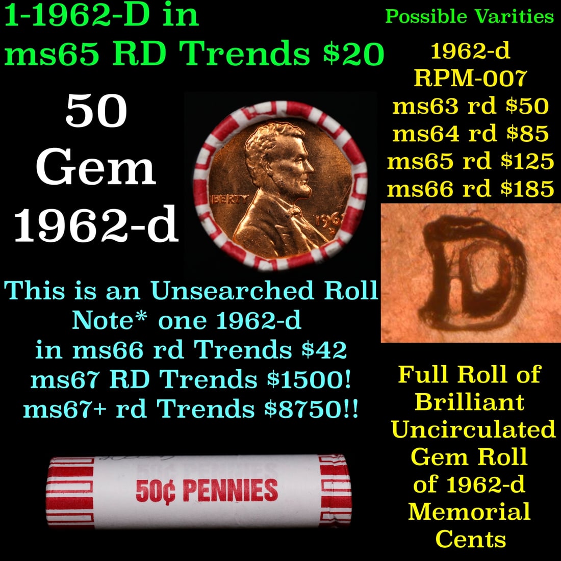 BU Shotgun Lincoln 1c roll, 1962-d 50 pcs Bank Wrapper 50c: BU Shotgun Lincoln 1c roll, 1962-d 50 pcs Bank Wrapper 50c. A terrific Shotgun roll of Lincoln cents in a Bank wrapper. Most if not all coins should be cherry red.
