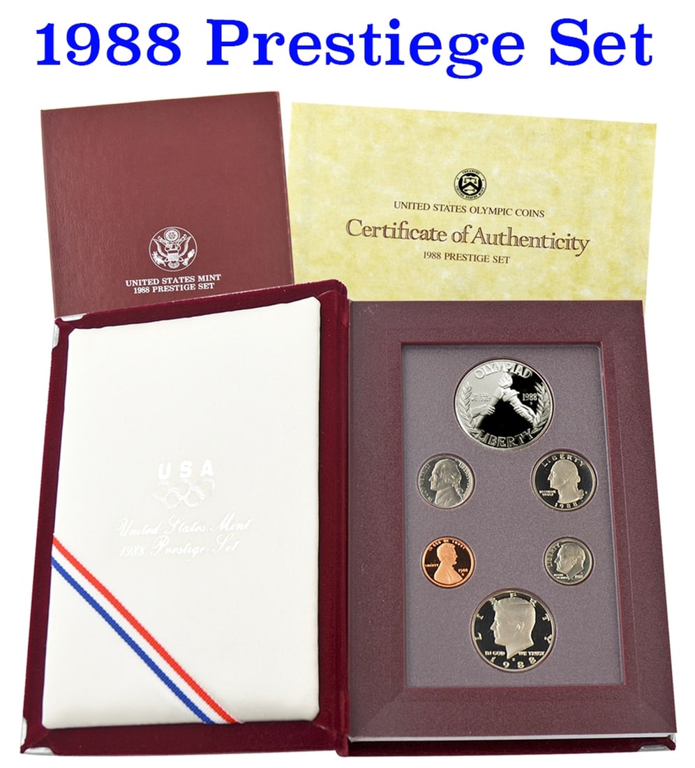 1988 United States Mint Prestige Proof Set 6 Coins W/ Box & COA: 1988 United States Mint Prestige Proof Set 6 Coins W/ Box & COA. Product DetailsThis wonderful six-piece set includes all of the proof issue coins of 1988 as well as a commemorative Seoul Olympics pro