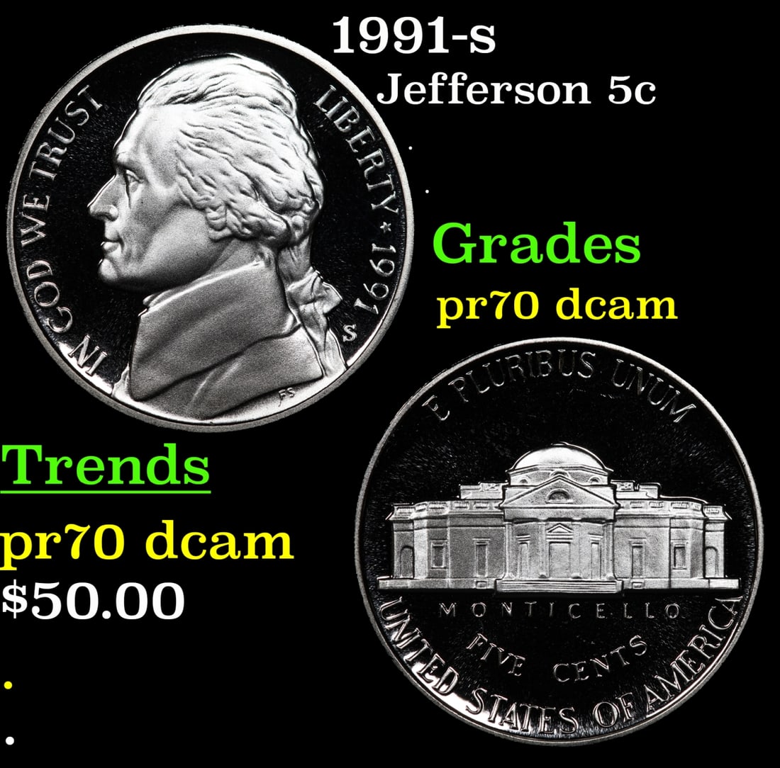 1991-s Proof Jefferson Nickel 5c pr70 dcam SEGS: 1991-s Jefferson Nickel 5c pr70 dcam SEGS.