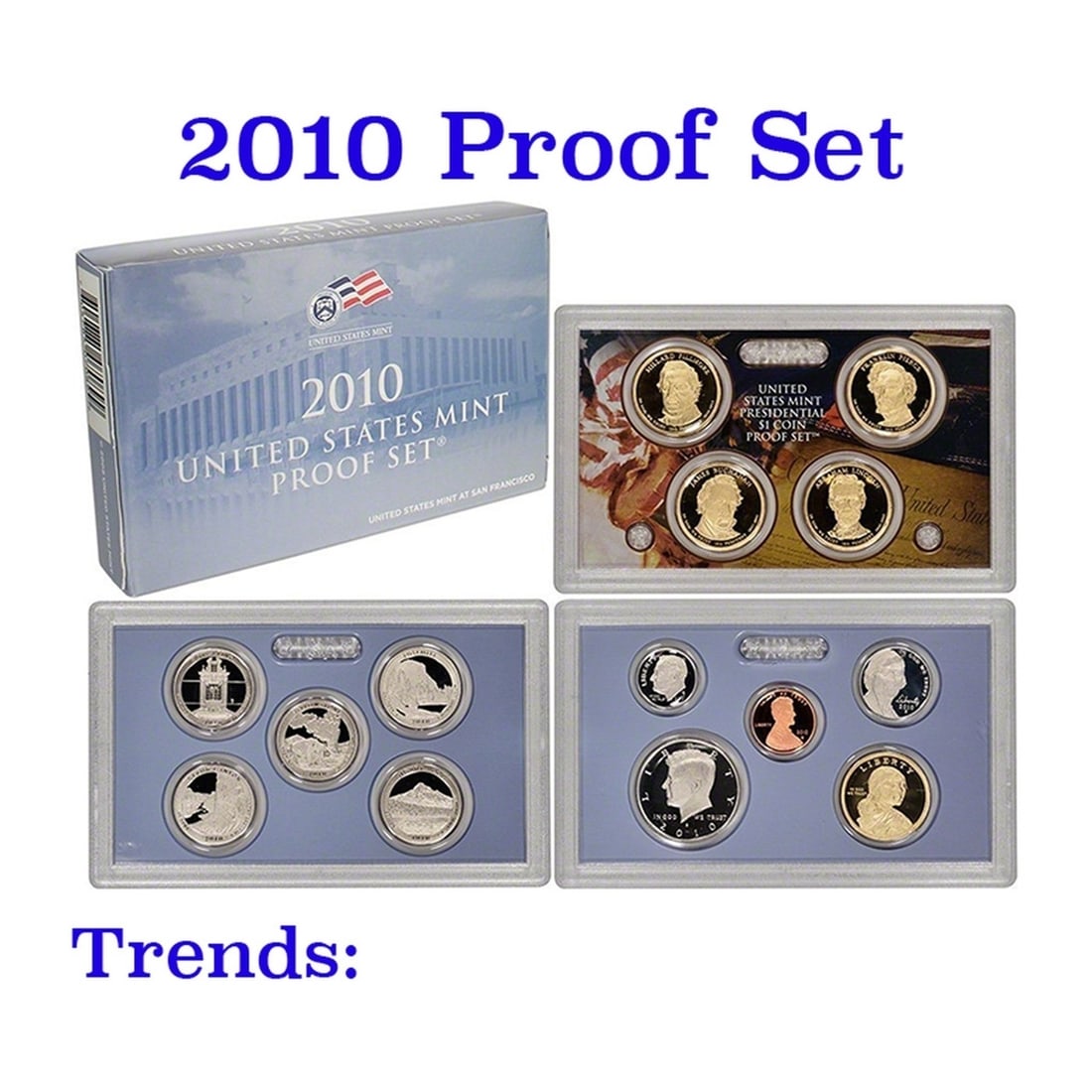2010 United States Mint Proof Set - 14 Pieces!: 2010 United States Mint Proof Set - 14 Pieces! . The Set contains 4 Proof Presidential Dollars Including Lincoln, 5 Proof National Parks Quarters, a Proof Kennedy Half Dollar, a Proof Roosevelt Dime, 