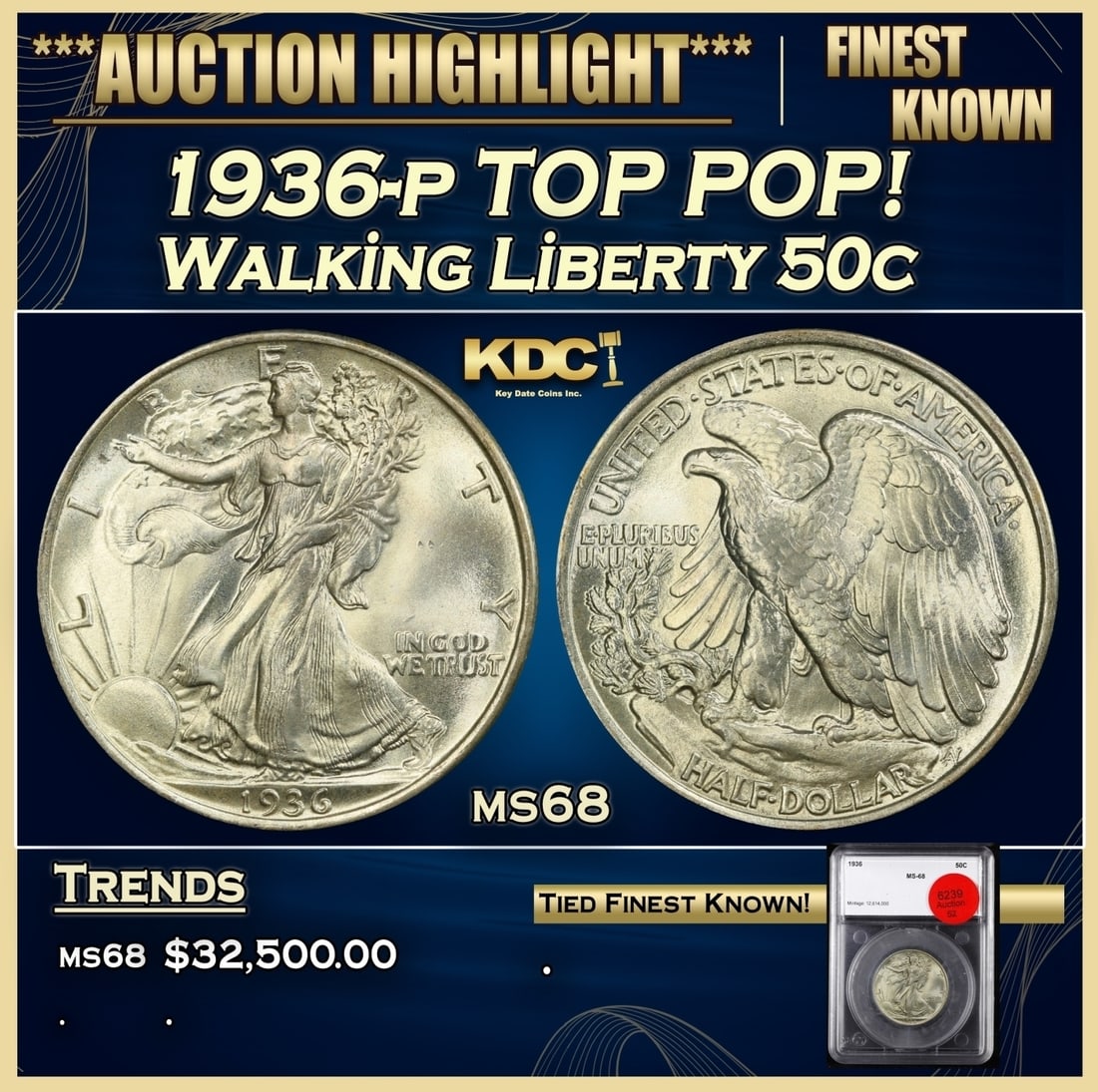 1936-p Walking Liberty Half Dollar TOP POP! 50c ms68 SEGS (1 of 4)