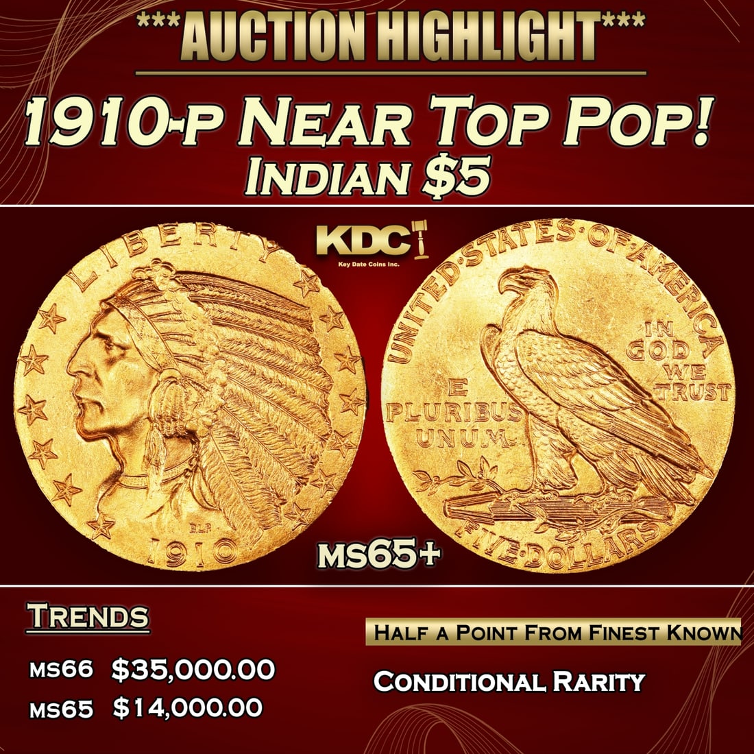 1910-p Gold Indian Half Eagle Near Top Pop! $5 ms65+ USCG: 1910-p Near Top Pop! Gold Indian Half Eagle $5 ms65+ USCG. 0 A condition rarity at this lofty Gem level, with radiant yellow-gold luster on the obverse and reverse. The strike is strong and no softnes