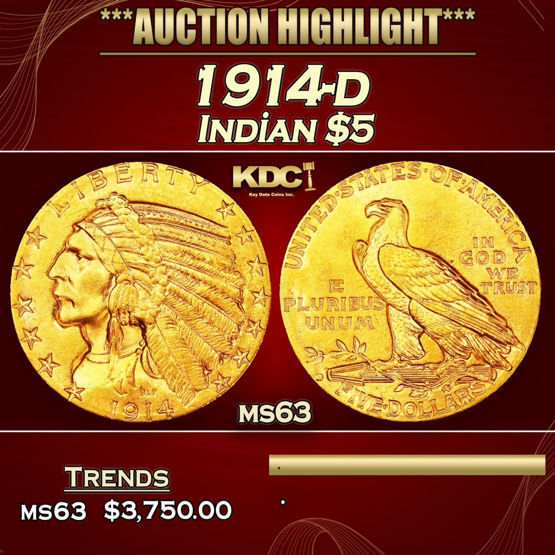 1914-d Gold Indian Half Eagle $5 ms63 USCG: 1914-d Gold Indian Half Eagle $5 ms63 USCG. 0