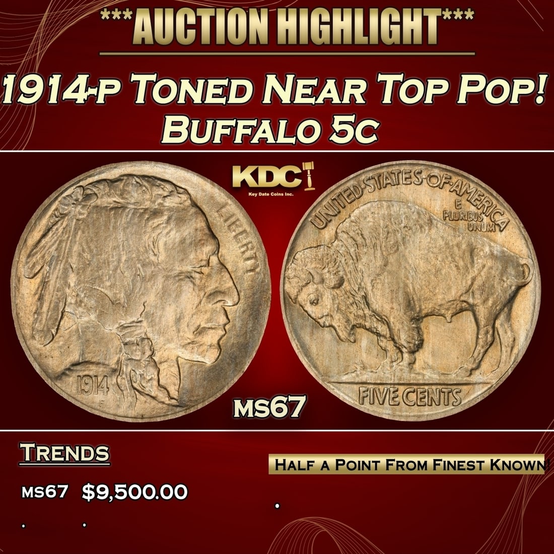 1914-p Buffalo Nickel Toned Near Top Pop! 5c ms67 SEGS: 1914-p Toned Near Top Pop! Buffalo Nickel 5c ms67 SEGS. 0
