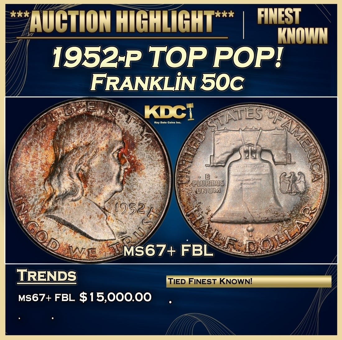 1952-p Franklin Half Dollar TOP POP! 50c ms67+ FBL SEGS (1 of 3)