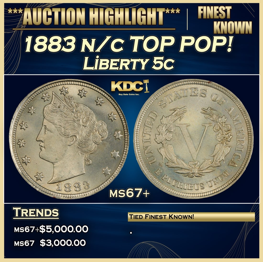 1883 n/c Liberty Nickel TOP POP! 5c ms67+ SEGS: 1883 n/c TOP POP! Liberty Nickel 5c ms67+ SEGS.