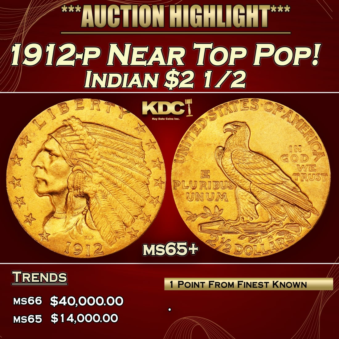 1912-p Gold Indian Quarter Eagle Near Top Pop! $2 1/2 ms65+ SEGS (1 of 3)
