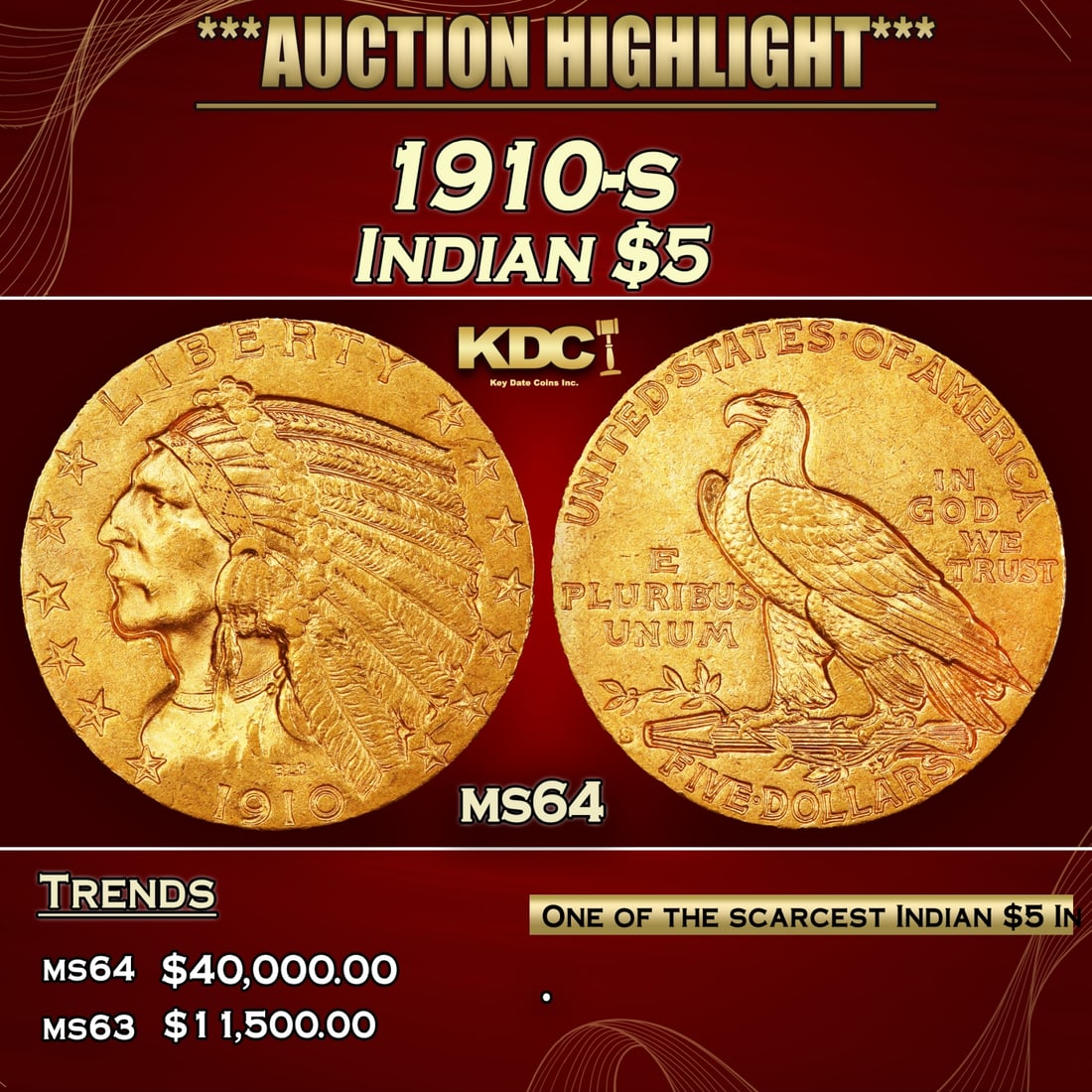 1910-s Gold Indian Half Eagle $5 Choice Unc USCG (1 of 3)