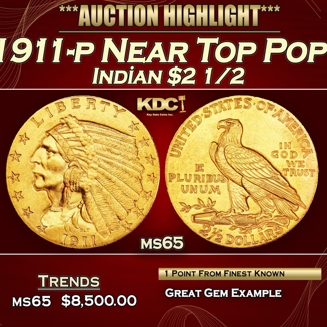 1911-p Gold Indian Quarter Eagle Near Top Pop! $2 1/2 ms65 SEGS: 1911-p Near Top Pop! Gold Indian Quarter Eagle $2 1/2 ms65 SEGS. 0