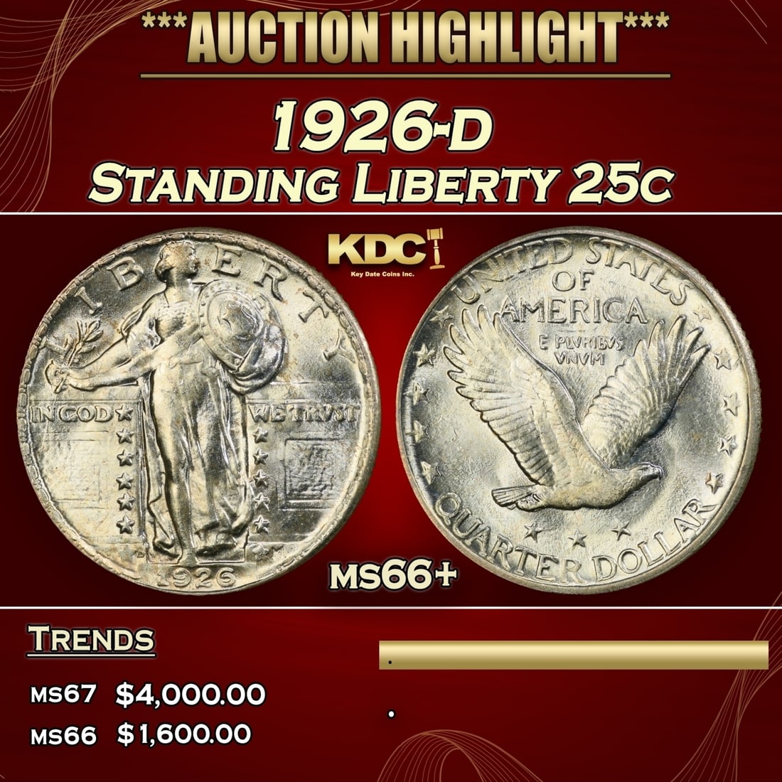 1926-d Standing Liberty Quarter 25c ms66+ SEGS (1 of 3)