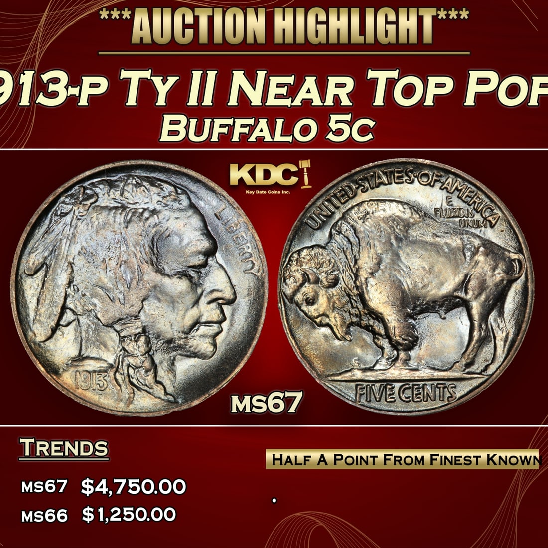 1913-p Ty II Buffalo Nickel Near Top Pop! 5c ms67 SEGS (1 of 3)
