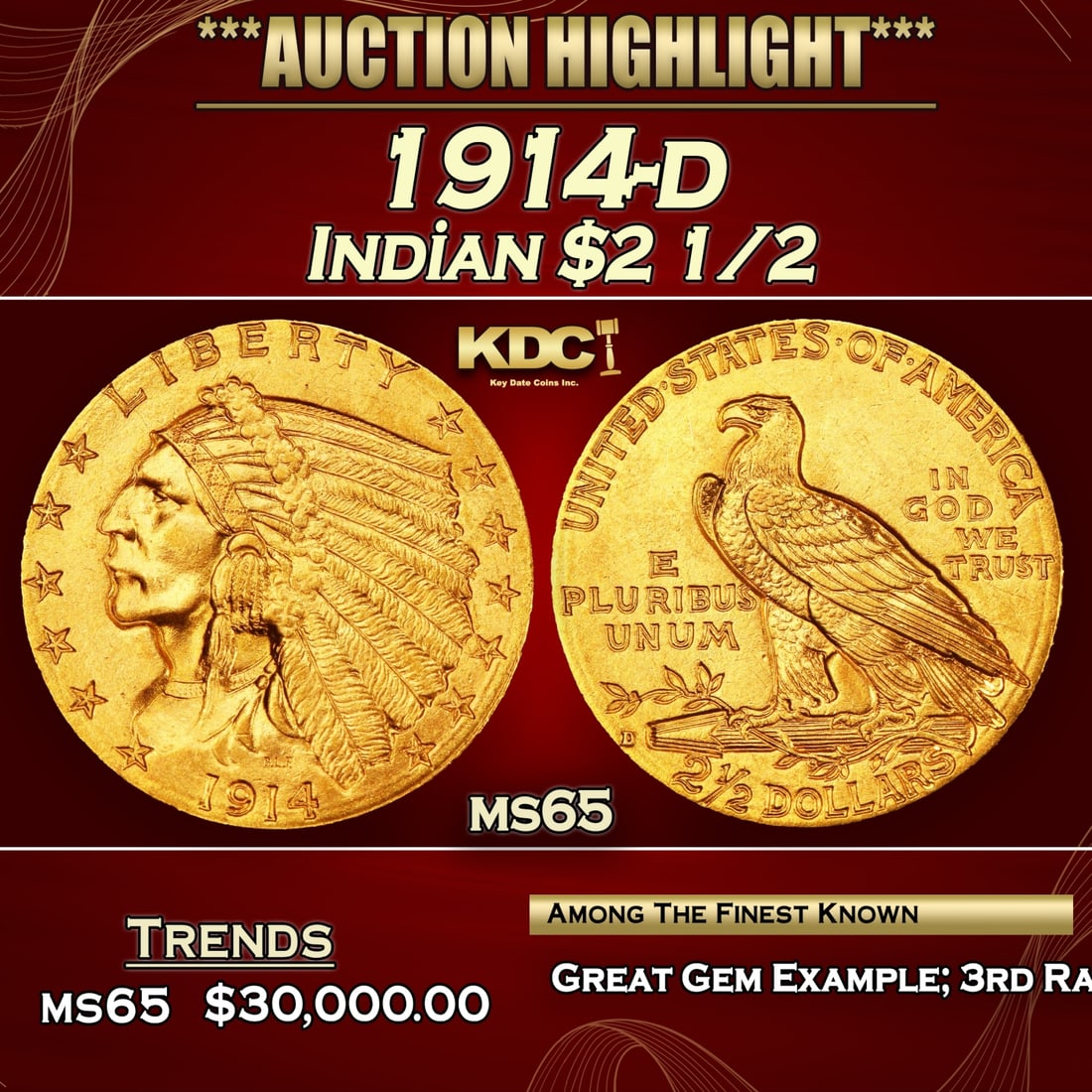 1914-d Gold Indian Quarter Eagle $2 1/2 ms65 SEGS (1 of 3)