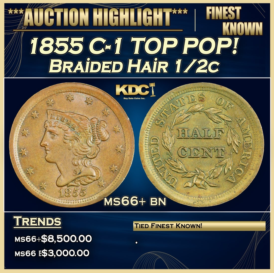 1855 Braided Hair Half Cent C-1 TOP POP! 1/2c ms66+ bn SEGS (1 of 3)