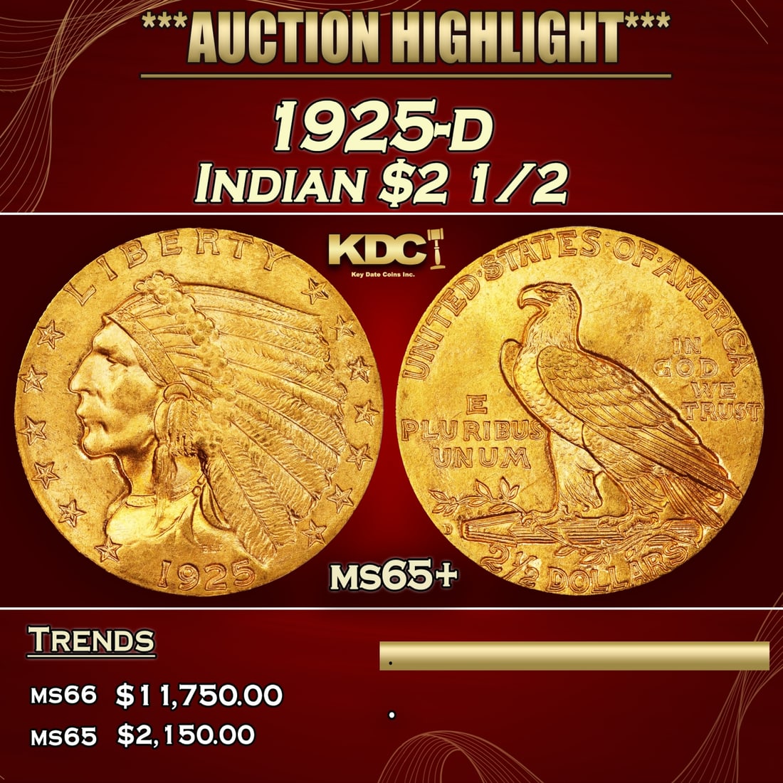 1925-d Gold Indian Quarter Eagle $2 1/2 ms65+ SEGS (1 of 3)