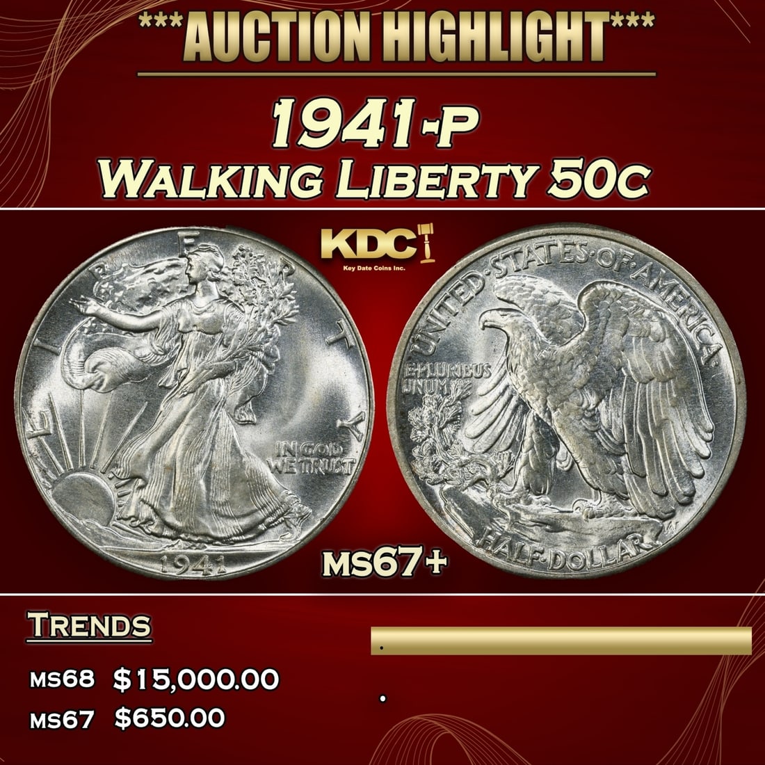 1941-p Walking Liberty Half Dollar 50c ms67+ SEGS (1 of 3)