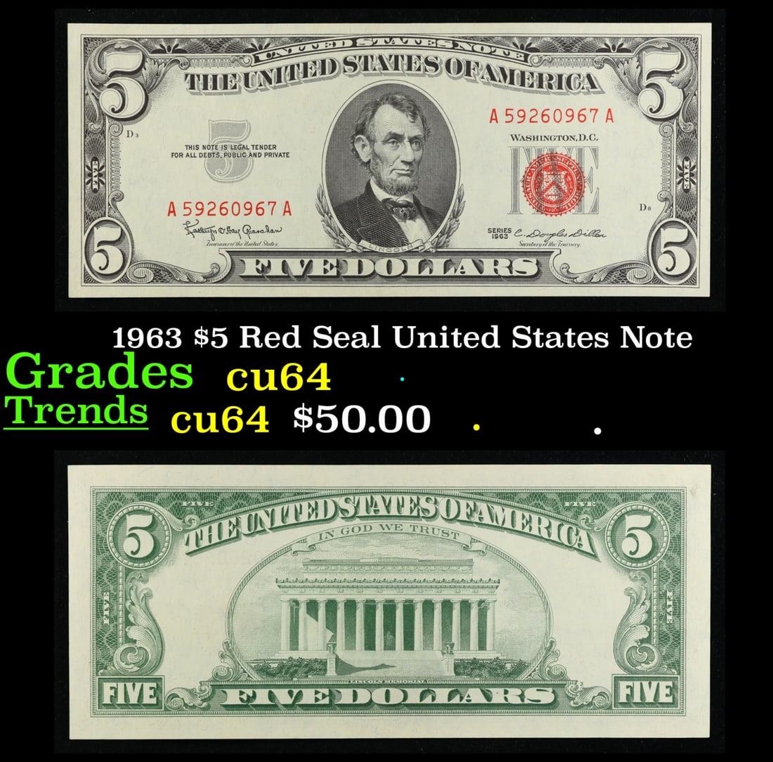 1963 $5 Red Seal United States Note Grades Choice CU (1 of 3)