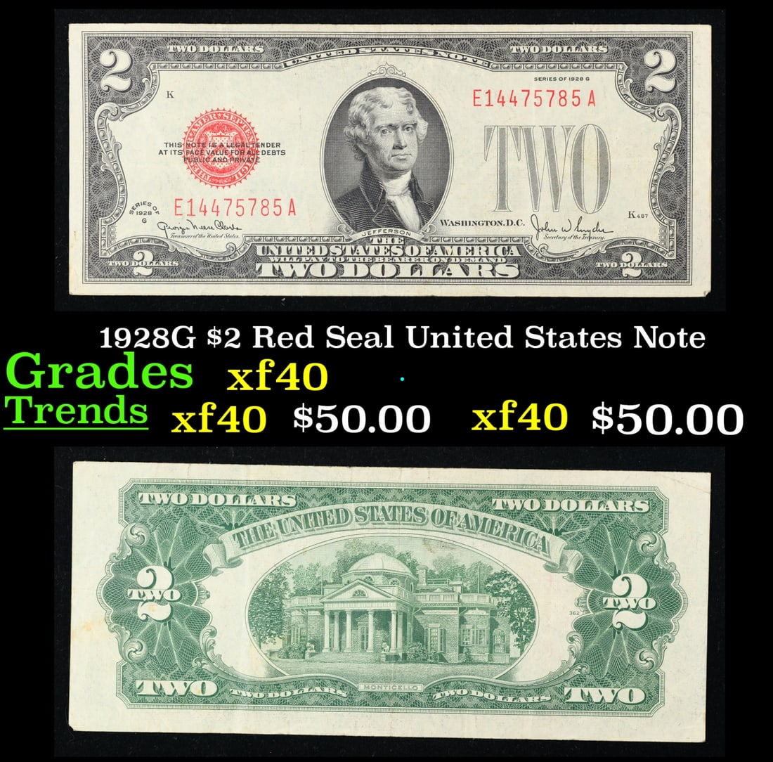 1928G $2 Red Seal United States Note Grades xf: 1928G $2 Red Seal United States Note Grades xf. FR-1508 Two dollar bills from the series of 1928 are called 1928 $2 legal tenders. All legal tenders have a red seal. 1928 was also the first year that