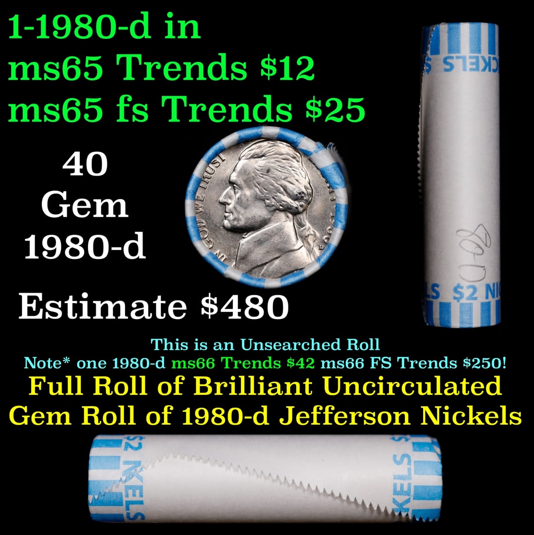 BU Shotgun Jefferson 5c roll, 1980-d 40 pcs Bank $2 Nickel Wrapper: BU Shotgun Jefferson 5c roll, 1980-d 40 pcs Bank $2 Nickel Wrapper.