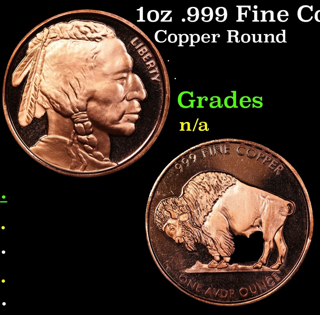 1oz .999 Fine Copper Bullion Round - Buffalo Nickel Style Grades Ungraded (1 of 3)