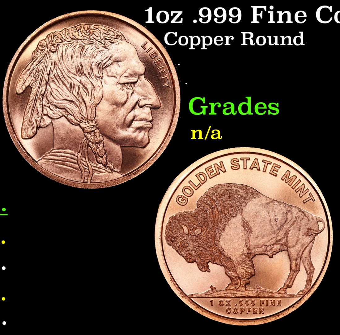 1oz .999 Fine Copper Bullion Round - Buffalo Nickle Style Grades Ungraded: 1oz .999 Fine Copper Bullion Round - Buffalo Nickle Style Grades Ungraded.