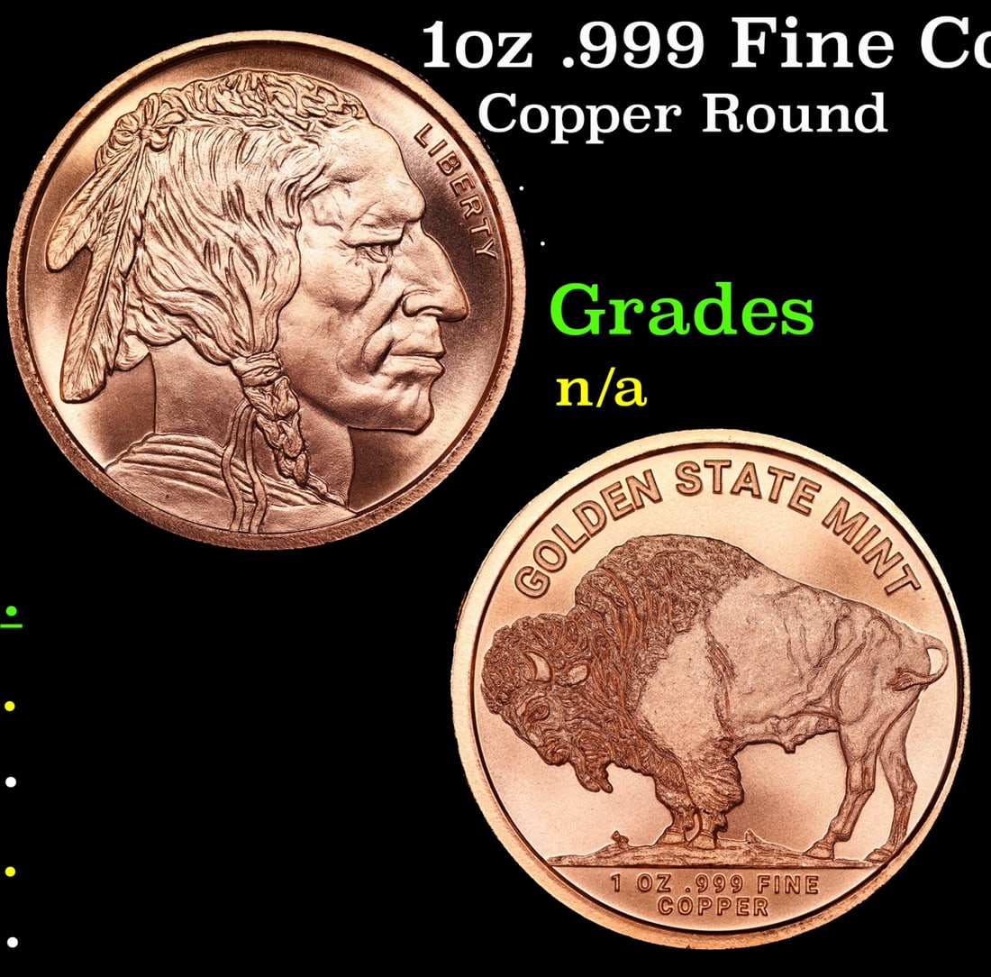 1oz .999 Fine Copper Bullion Round - Buffalo Nickle Style Grades Ungraded: 1oz .999 Fine Copper Bullion Round - Buffalo Nickle Style Grades Ungraded.