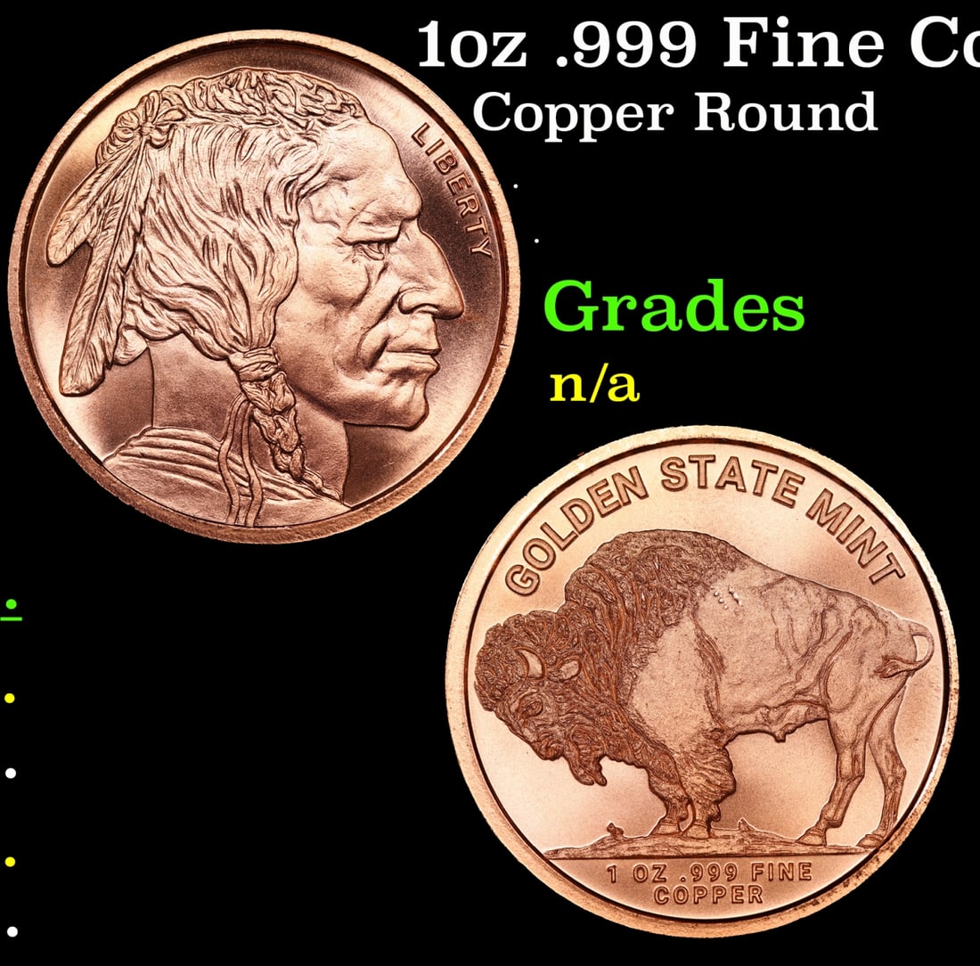 1oz .999 Fine Copper Bullion Round - Buffalo Nickle Style Grades Ungraded: 1oz .999 Fine Copper Bullion Round - Buffalo Nickle Style Grades Ungraded.