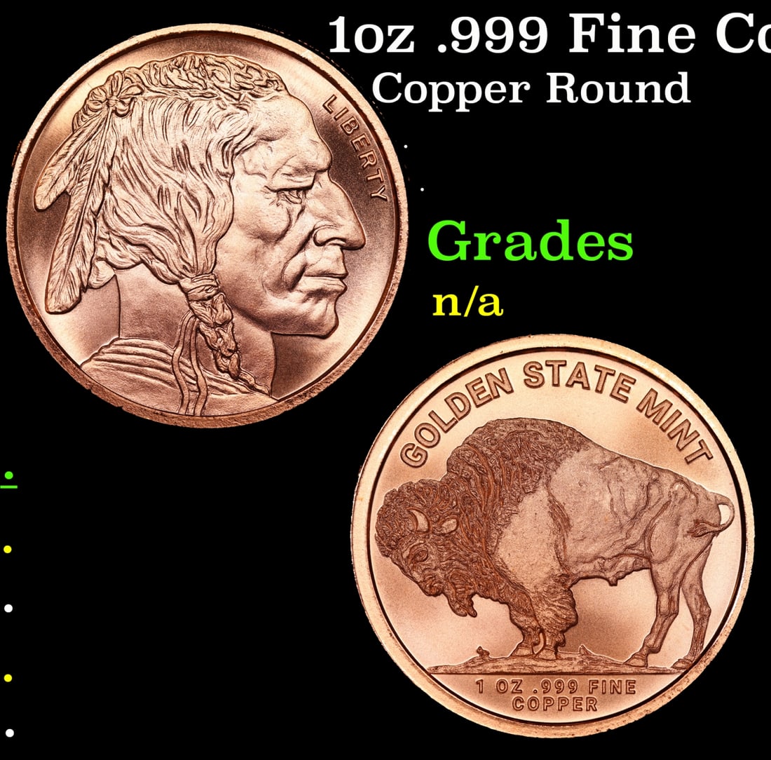 1oz .999 Fine Copper Bullion Round - Buffalo Nickle Style Grades Ungraded: 1oz .999 Fine Copper Bullion Round - Buffalo Nickle Style Grades Ungraded.