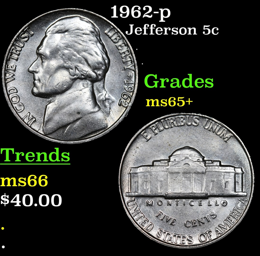 1962-p Jefferson Nickel 5c Grades GEM+ Unc: 1962-p Jefferson Nickel 5c Grades GEM+ Unc.