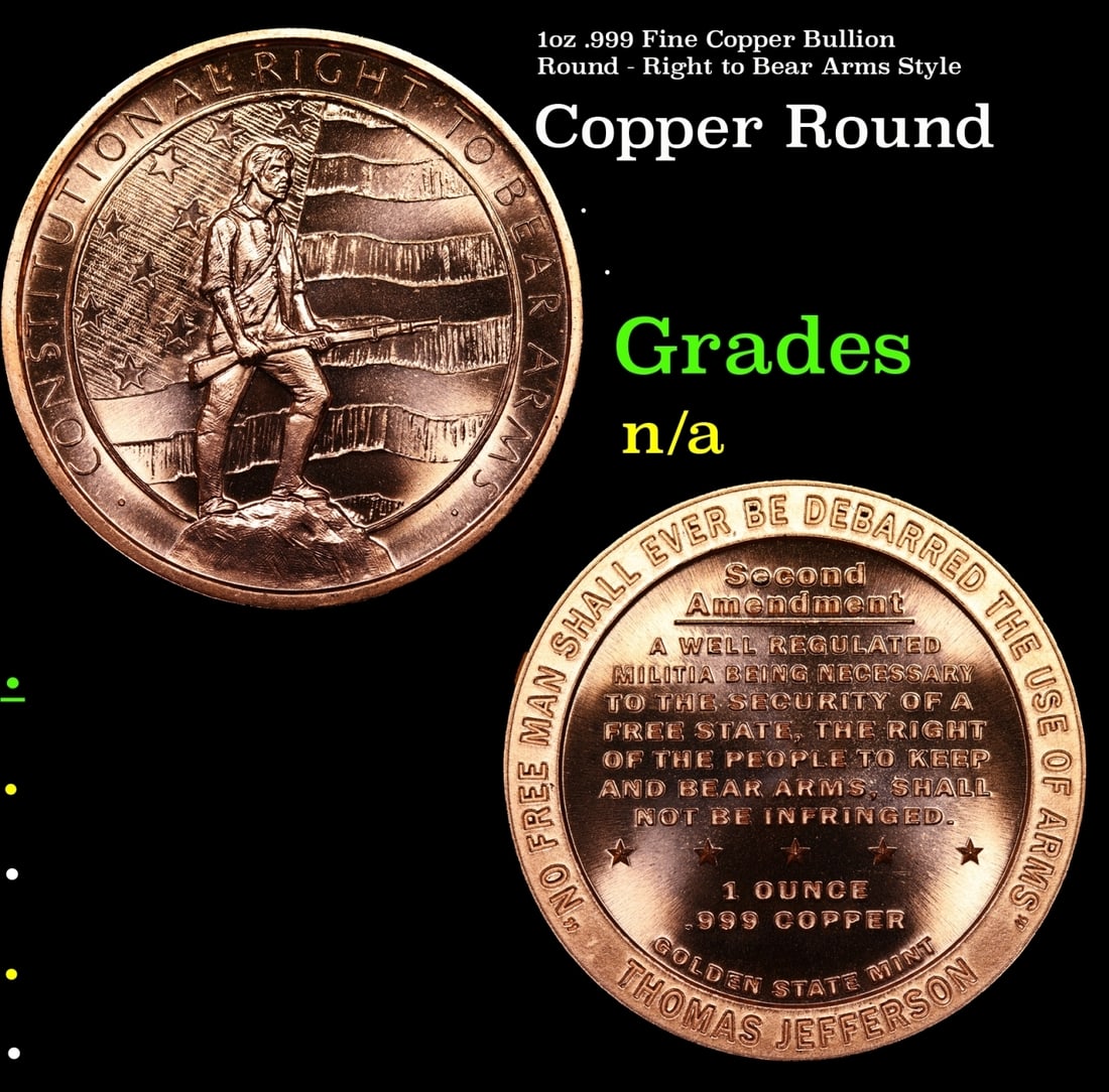 1oz .999 Fine Copper Bullion Round - Right to Bear Arms Style Grades (1 of 3)