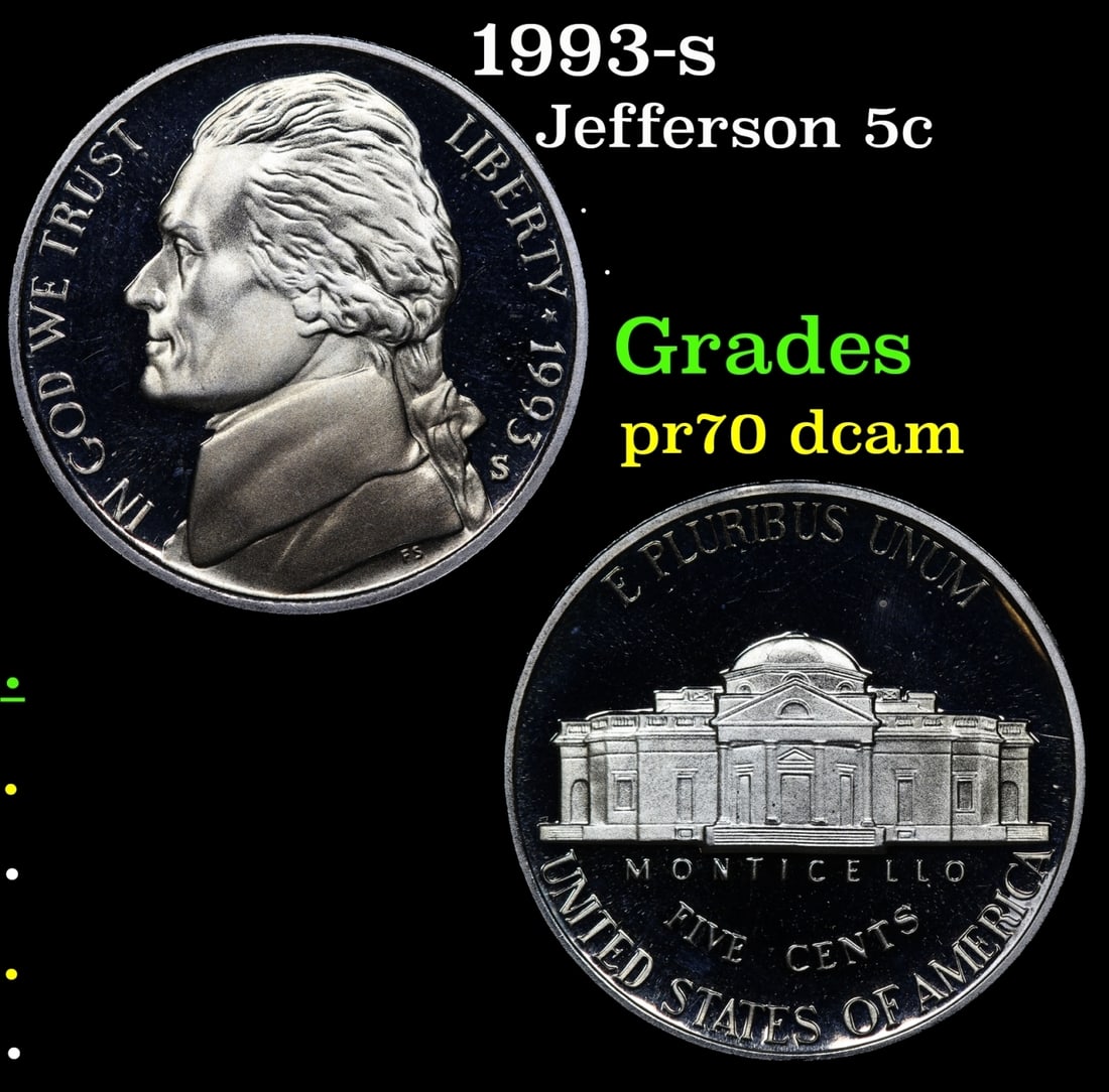 1993-s Proof Jefferson Nickel 5c Grades GEM++ Proof Deep Cameo: 1993-s Jefferson Nickel 5c Grades GEM++ Proof Deep Cameo.