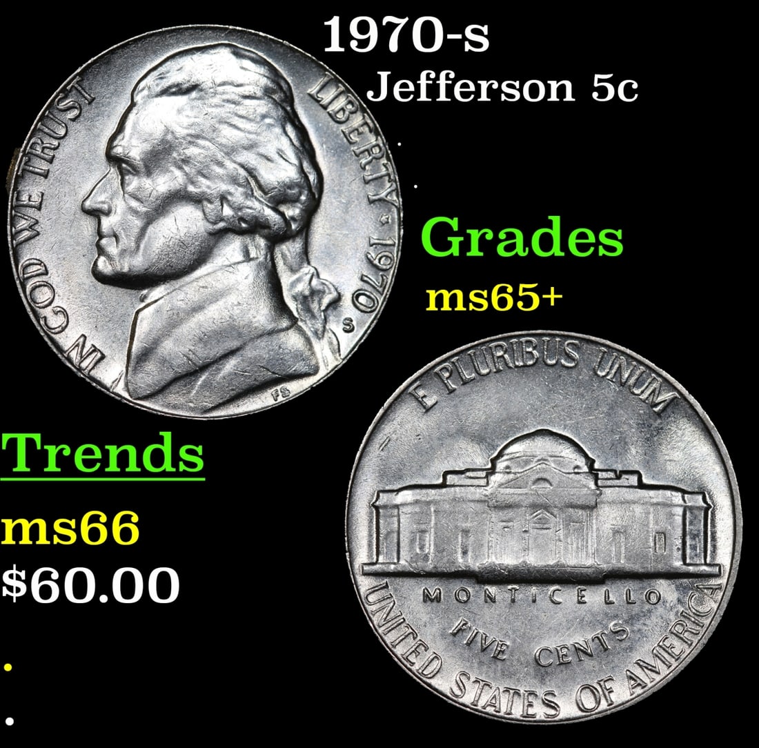1970-s Jefferson Nickel 5c Grades GEM+ Unc: 1970-s Jefferson Nickel 5c Grades GEM+ Unc.