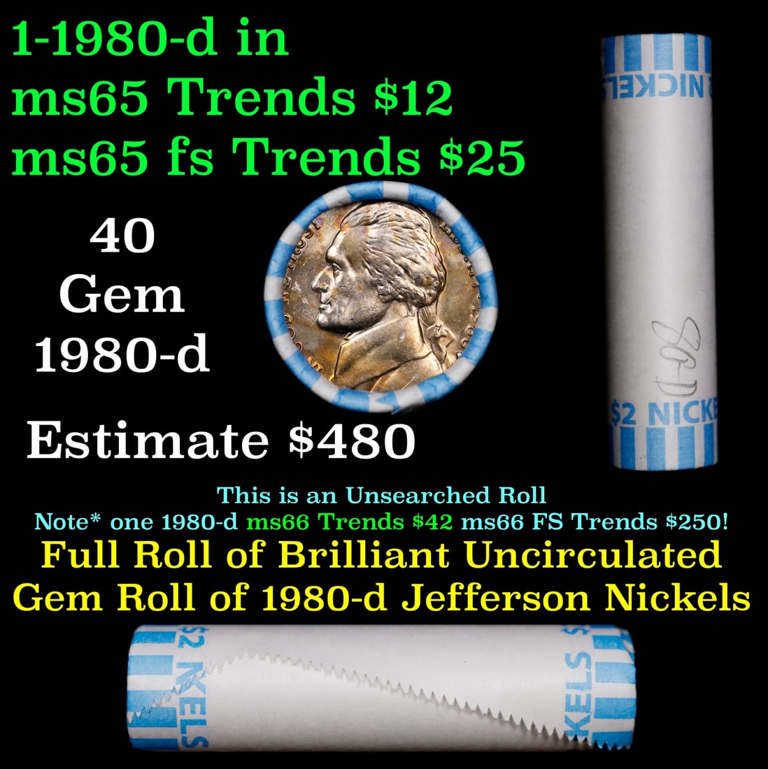BU Shotgun Jefferson 5c roll, 1980-d 40 pcs Bank $2 Nickel Wrapper: BU Shotgun Jefferson 5c roll, 1980-d 40 pcs Bank $2 Nickel Wrapper.