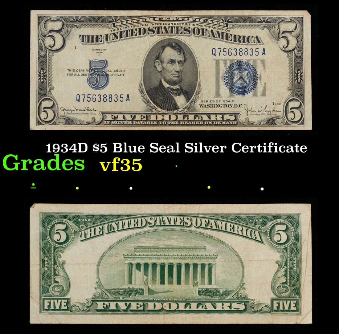 1934D $5 Blue Seal Silver Certificate Grades vf++ (1 of 3)