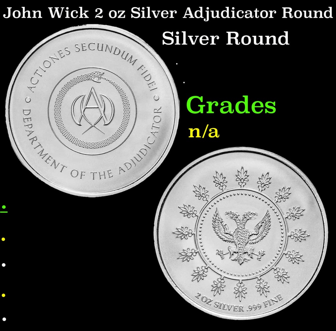 John Wick 2 oz Silver Adjudicator Round: John Wick 2 oz Silver Adjudicator Round. Lionsgate produced this exclusive, limited mintage coin featuring the Adjudicator’s Medallion from the John Wick franchise. This 2 oz .999 fine Silver round