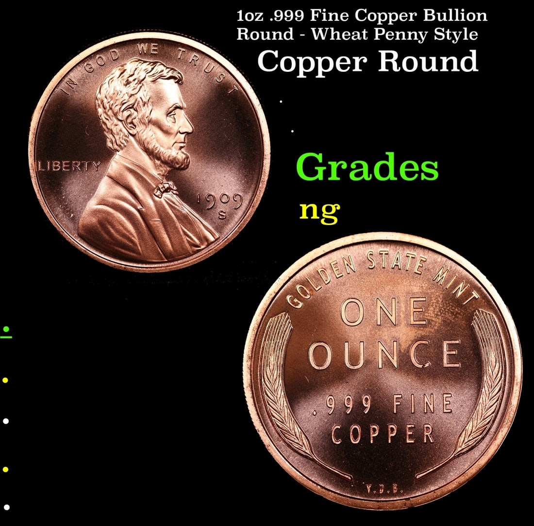 1oz .999 Fine Copper Bullion Round - Wheat Penny Style: 1oz .999 Fine Copper Bullion Round - Wheat Penny Style.